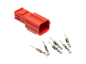Red motorcycle electrical connector with four male terminals for Revelry Motorcycles.