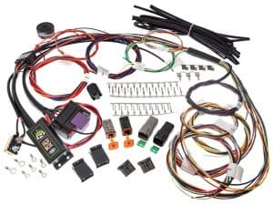 High-performance motorcycle wiring harness with connectors for Revelry Motorcycles rebuilds.