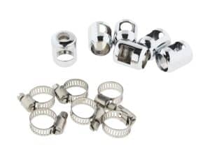 Chrome motorcycle axle caps and hose clamps for Revelry Motorcycles.