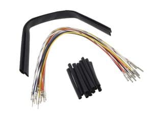 Multicoloured motorcycle wiring harness with protective tubing and connectors for Revelry Motorcycles accessories.