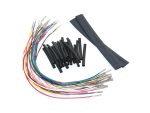 Multicoloured motorcycle wiring harness kit with heat shrink tubing and electrical connectors for Revelry Motorcycles.