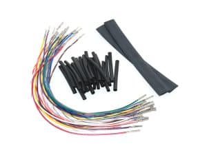 Multicoloured motorcycle wiring harness kit with heat shrink tubing and electrical connectors for Revelry Motorcycles.