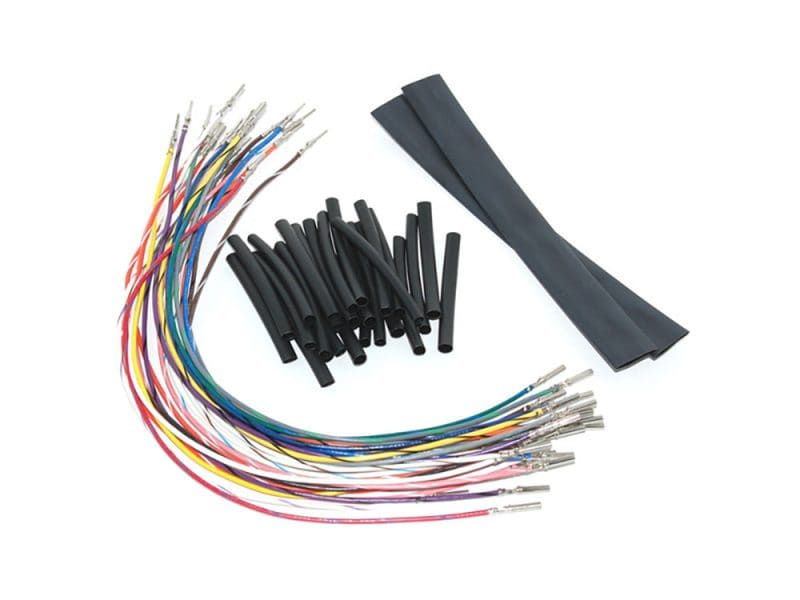 Multicoloured motorcycle wiring harness kit with heat shrink tubing and electrical connectors for Revelry Motorcycles.