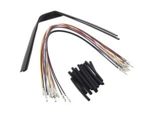 Colorful motorcycle wire harness kit for Revelry Motorcycles custom builds.