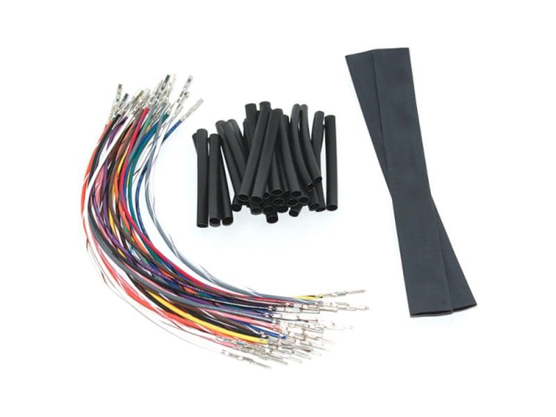 Multi-coloured motorcycle electrical wiring kit with heat shrink tubing and cable ties for Revelry Motorcycles Australia.