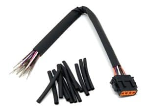 Multi-colour motorcycle wiring harness with connectors for Revelry Motorcycles.