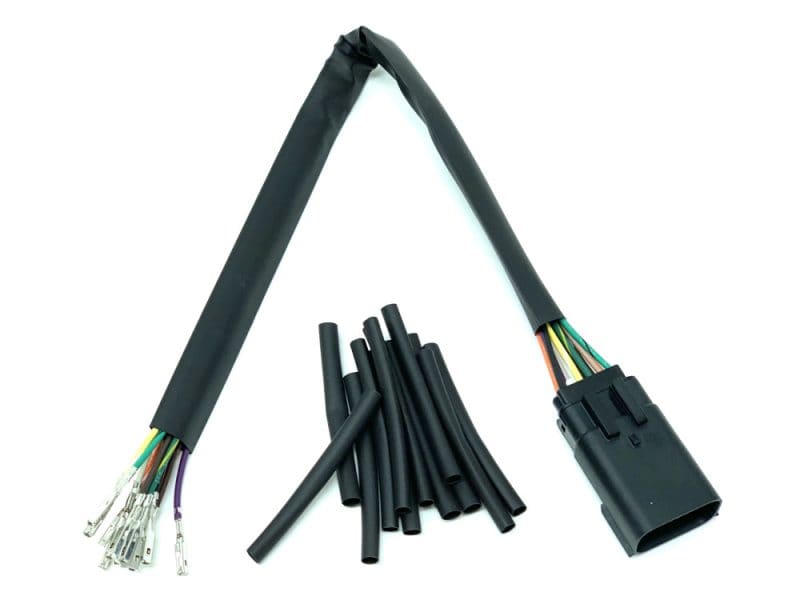 Multiple motorcycle wire harness with connectors and heat shrink tubing for Revelry Motorcycles in Australia.