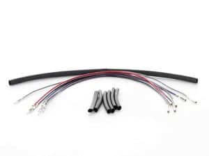 Flexible motorcycle wiring harness with heat-resistant tubing and quick-connect terminals for Revelry Motorcycles.