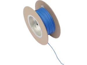 Bright blue motorcycle wiring spool on cardboard reel for Revelry Motorcycles parts and accessories.
