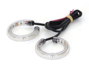 Flexible LED motorcycle turn signals wiring harness, black and pink wires, for Revelry Motorcycles.