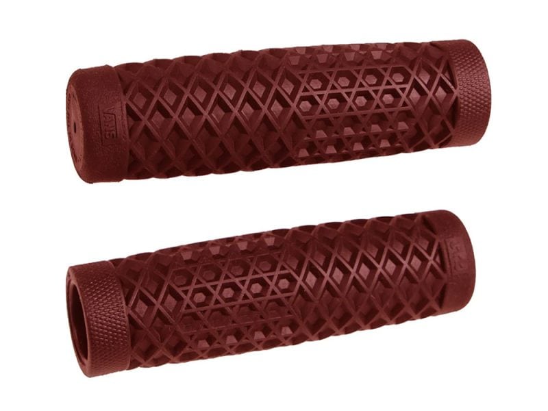 Red bicycle handlebar grips with textured grip pattern for Revelry Motorcycles.