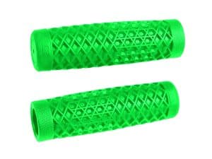 Bright green motorcycle rubber grips for Revelry Motorcycles, enhancing comfort and control.