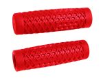 Red rubber motorcycle handlebar grips, durable and non-slip for Revelry Motorcycles.