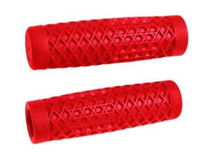 Red rubber motorcycle handlebar grips, durable and non-slip for Revelry Motorcycles.