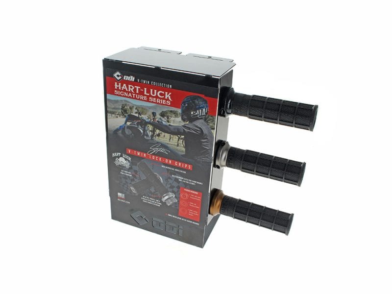 Hart-Luck Countertop Grip Display. High-quality motorcycle grips with ergonomic design for enhanced riding comfort and control.