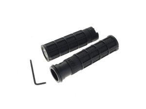 Black motorcycle handlebar grips with lock-on design and an Allen key for installation.
