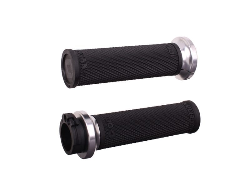 Ruffian Lock-On Handgrips - Black/Silver. Fits H-D with Throttle Cable. Silicone motorcycle handlebar grips for Revelry Motorcycles.