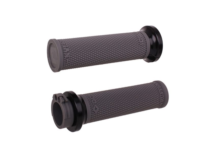 Ruffian Lock-On Handgrips - Graphite/Black. Fits H-D with Throttle Cable. Rubber motorcycle handlebar grips for Revelry Motorcycles, durable and comfortable.