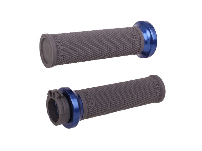 Rubber motorcycle handlebar grips with blue lock rings for Revelry Motorcycles.
