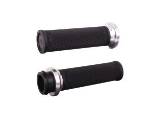 High-quality black motorcycle handlebar grips with aluminium end caps for revelry cycles bikes.