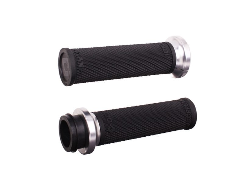 Ruffian Lock-On Handgrips - Black/Silver. Fits Big Twin 2008-2024 with Throttle-by-Wire High-quality black motorcycle handlebar grips with aluminium end caps for revelry cycles bikes.