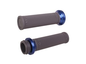 Rubber motorcycle handlebar grips with blue aluminium locking rings for Revelry Motorcycles.
