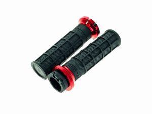 Rubber motorcycle handlebar grips with red end caps for enhanced comfort and control.