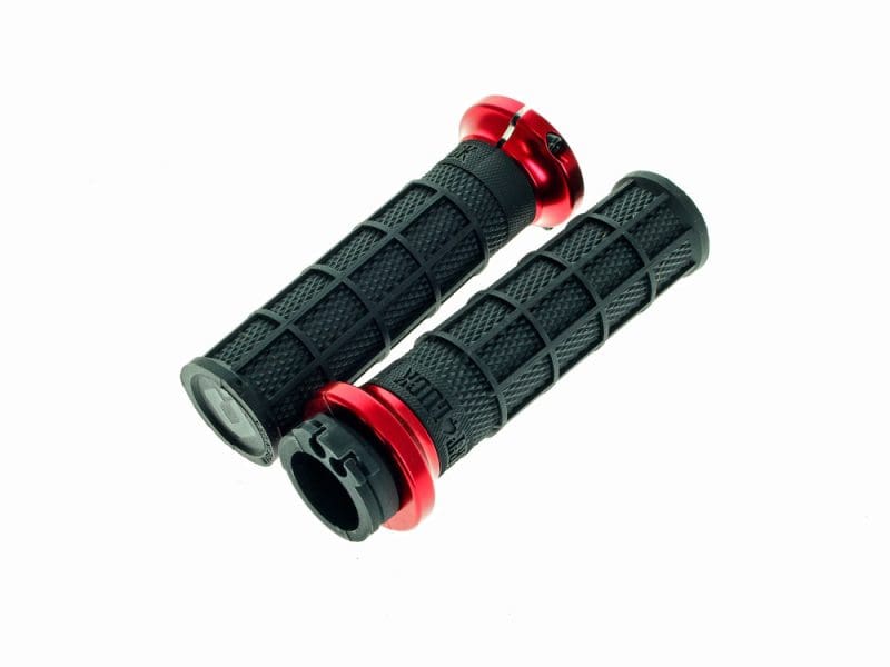 Hart-Luck Full Waffle Lock-On Handgrips - Red. Fits H-D with Throttle Cable. Rubber motorcycle handlebar grips with red end caps for enhanced comfort and control.