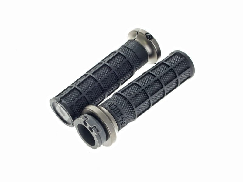 Hart-Luck Full Waffle Lock-On Handgrips - Grey. Fits H-D with Throttle Cable. Dual black motorcycle handlebar grips for Revelry Motorcycles, designed for comfort and control.