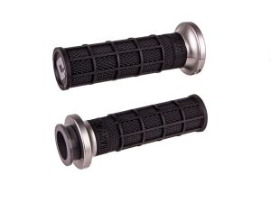 Rubber motorcycle handlebar grips with aluminium end caps for Revelry Motorcycles.