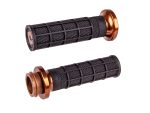 Black motorcycle handlebar grips with gold accents for Revelry Motorcycles Australian riders.