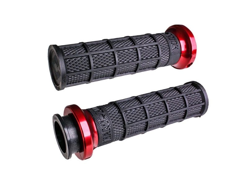 Hart-Luck Full Waffle Lock-On Handgrips - Red. Fits Indian Touring 2018up. Rubber motorcycle handlebar grips with red alloy ends for Harley Davidson bikes.