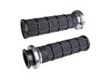 Rubber motorcycle handlebar grips with metal end caps for Revelry Motorcycles.