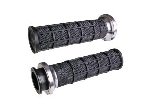Rubber motorcycle handlebar grips with metal end caps for Revelry Motorcycles.