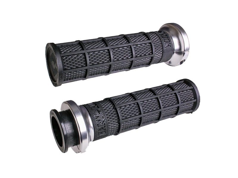 Rubber motorcycle handlebar grips with metal end caps for Revelry Motorcycles.