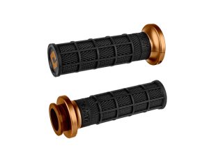 Black motorcycle handlebar grips with copper accents for Revelry Motorcycles.