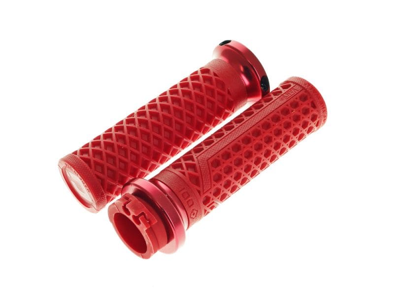 Vans Signature Lock-On Handgrips - Red/Red. Fits H-D with Throttle Cable. Red motorcycle handlebar grips for Revelry Cycles, high-quality rubber for comfort and control.