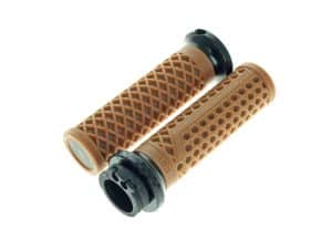 Rubber motorcycle handlebar grips, tan colour, for enhanced grip and comfort on Revelry Motorcycles.