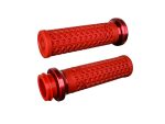 Red motorcycle handlebar grips with diamond grip pattern for enhanced control and comfort.