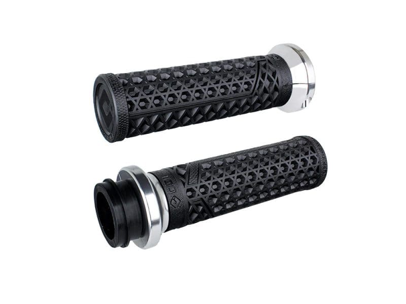 Rubber motorcycle handlebar grips with textured patterns for enhanced grip and control.