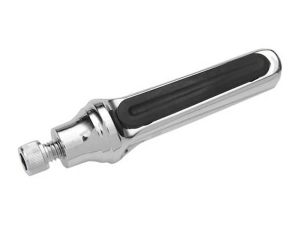 Chrome motorcycle foot peg with black rubber grip for Revelry Motorcycles.