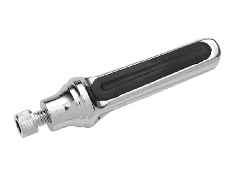 Chrome motorcycle foot peg with black rubber grip for Revelry Motorcycles.