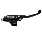 Black leather motorcycle clutch lever with custom design and Revelry branding.