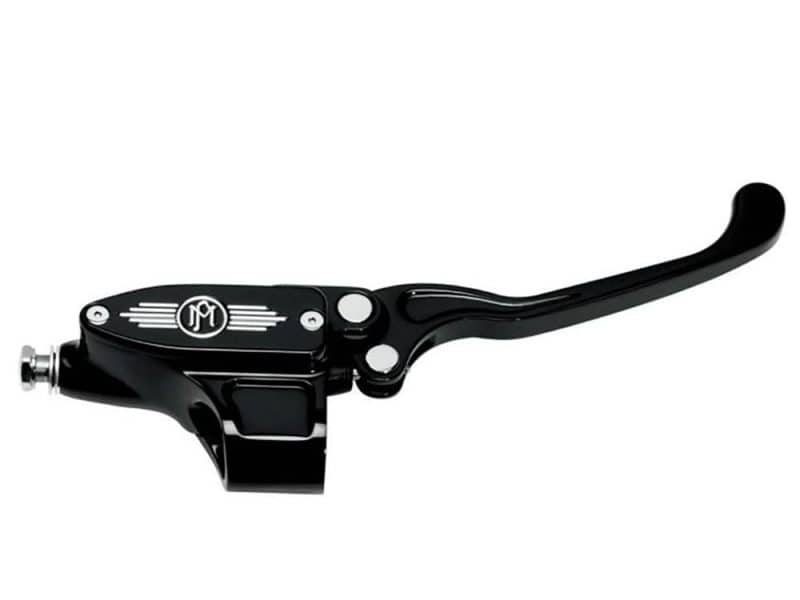 Black leather motorcycle clutch lever with custom design and Revelry branding.