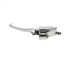 Chrome motorcycle clutch lever and master cylinder assembly.