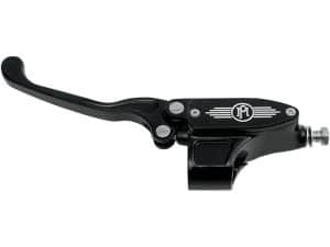 Black motorcycle clutch lever with Revelry logo, aftermarket motorcycle control part.