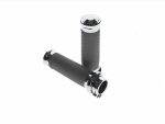 Black motorcycle handlebar grips with chrome accents for Revelry Motorcycles.