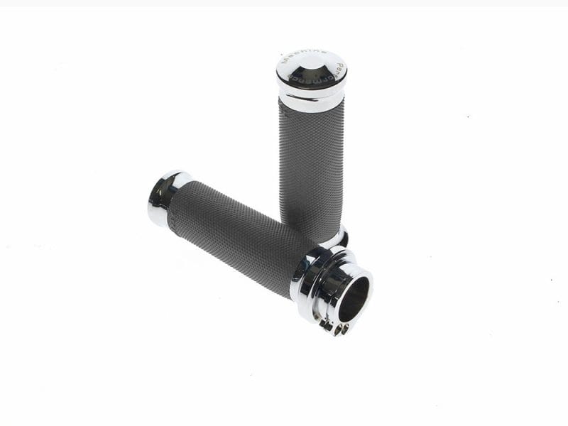 Black motorcycle handlebar grips with chrome accents for Revelry Motorcycles.