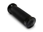 Black motorcycle handlebar grip with textured rubber surface for enhanced control.