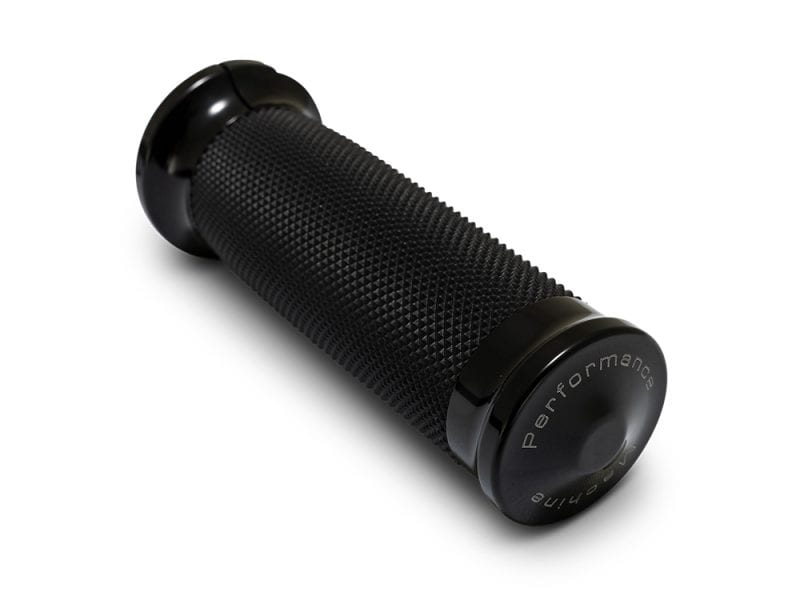 Black motorcycle handlebar grip with textured rubber surface for enhanced control.